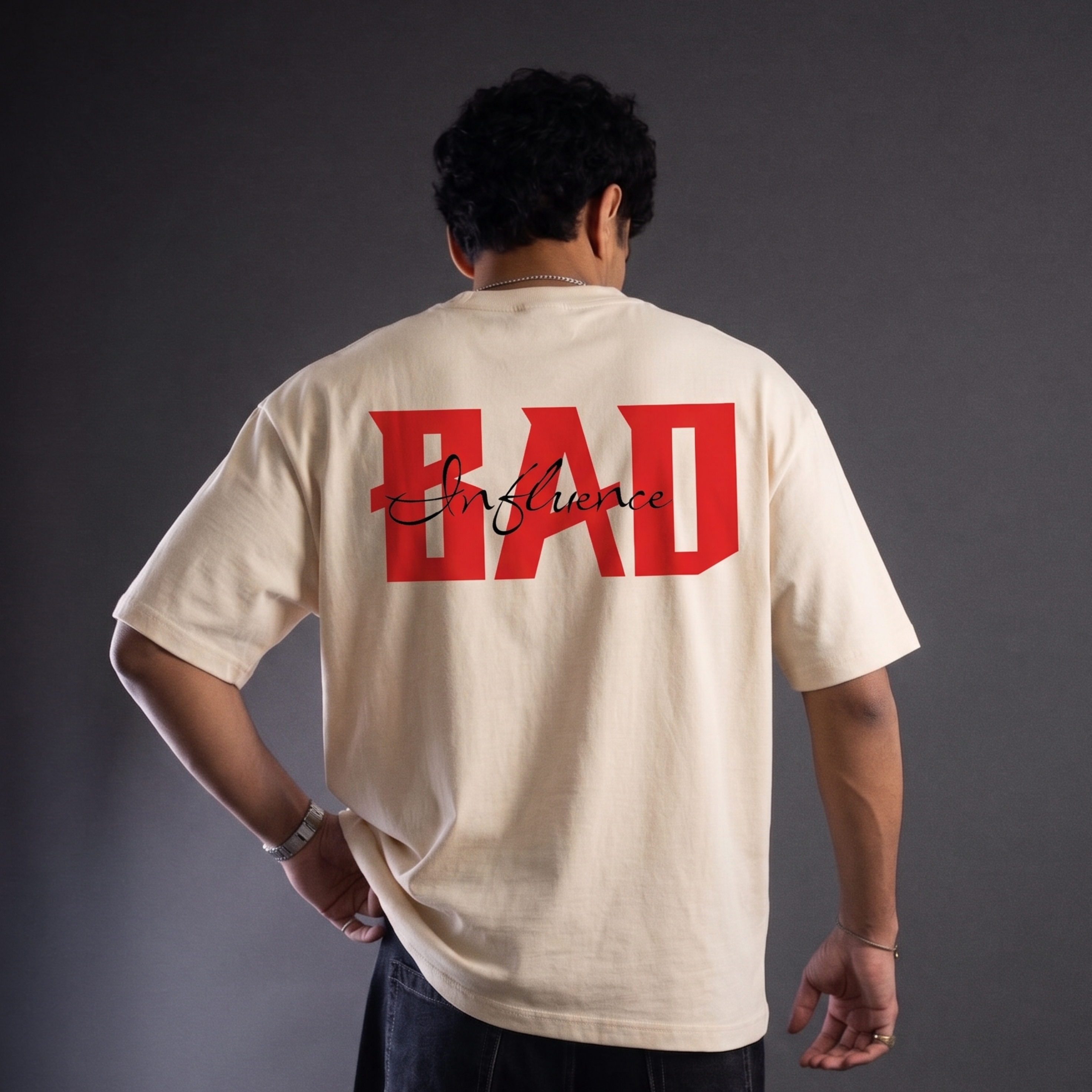 Bad Influence Oversized T-Shirt – Beige Streetwear Graphic T-Shirt | Drip N Slay