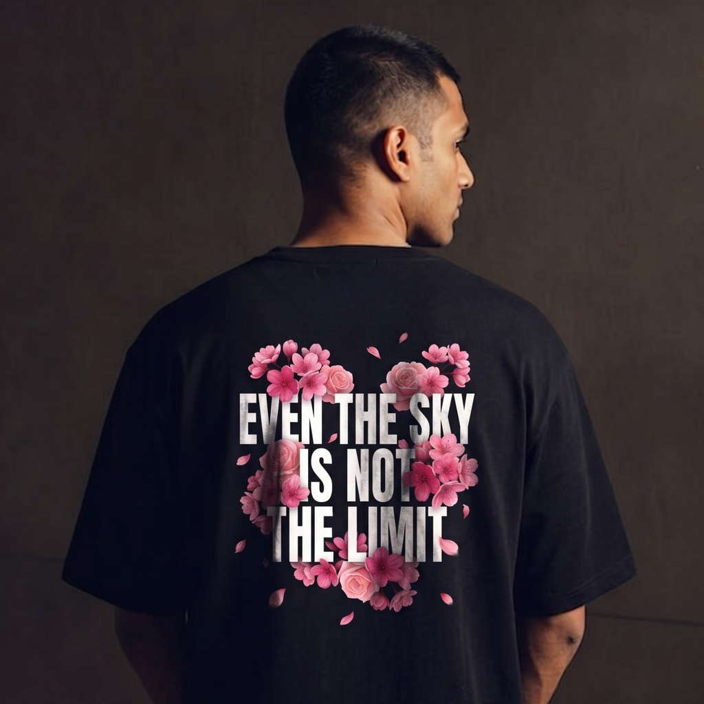 "Even The Sky Is Not The Limit" Floral Graphic Oversized T-Shirt - Black