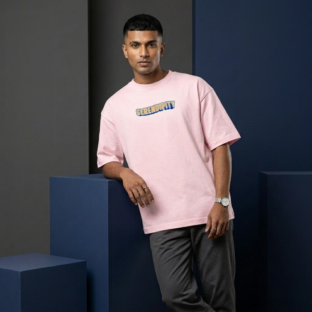 Serendipity Oversized Typography T-Shirt for Men | Aesthetic Back Print Graphic Tee | Premium Streetwear Cotton T-Shirt