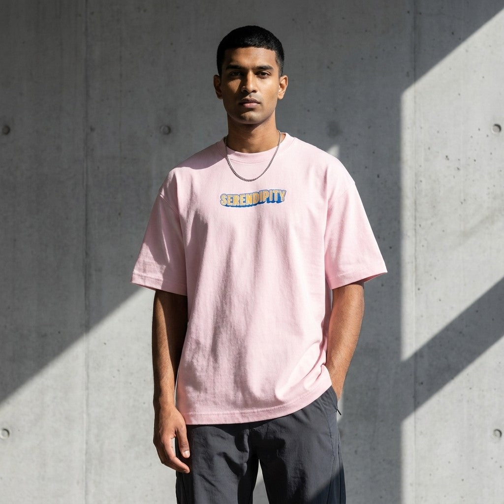 Serendipity Oversized Typography T-Shirt for Men | Aesthetic Back Print Graphic Tee | Premium Streetwear Cotton T-Shirt