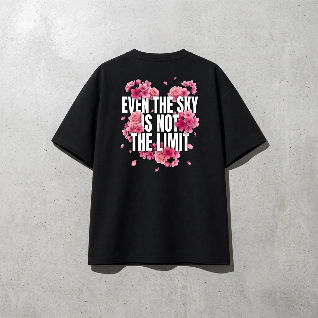 "Even The Sky Is Not The Limit" Floral Graphic Oversized T-Shirt - Black